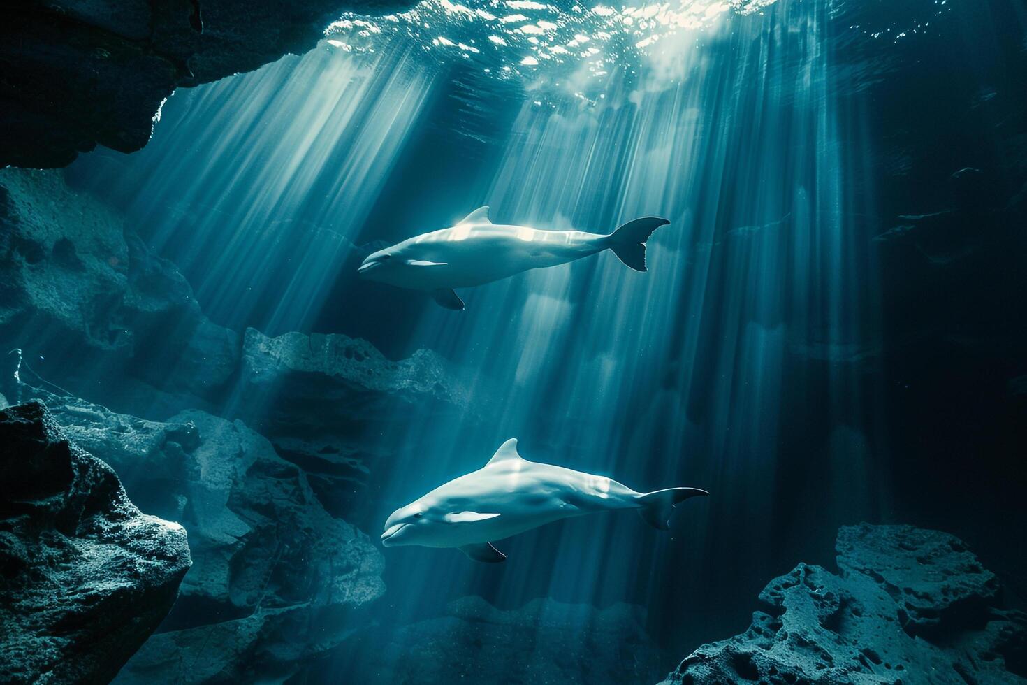 Abstract Background Arctic WildlifeBelugwhales swimming in surreal icy blue underwater cave with shafts of sunlight filtering through cracks photo