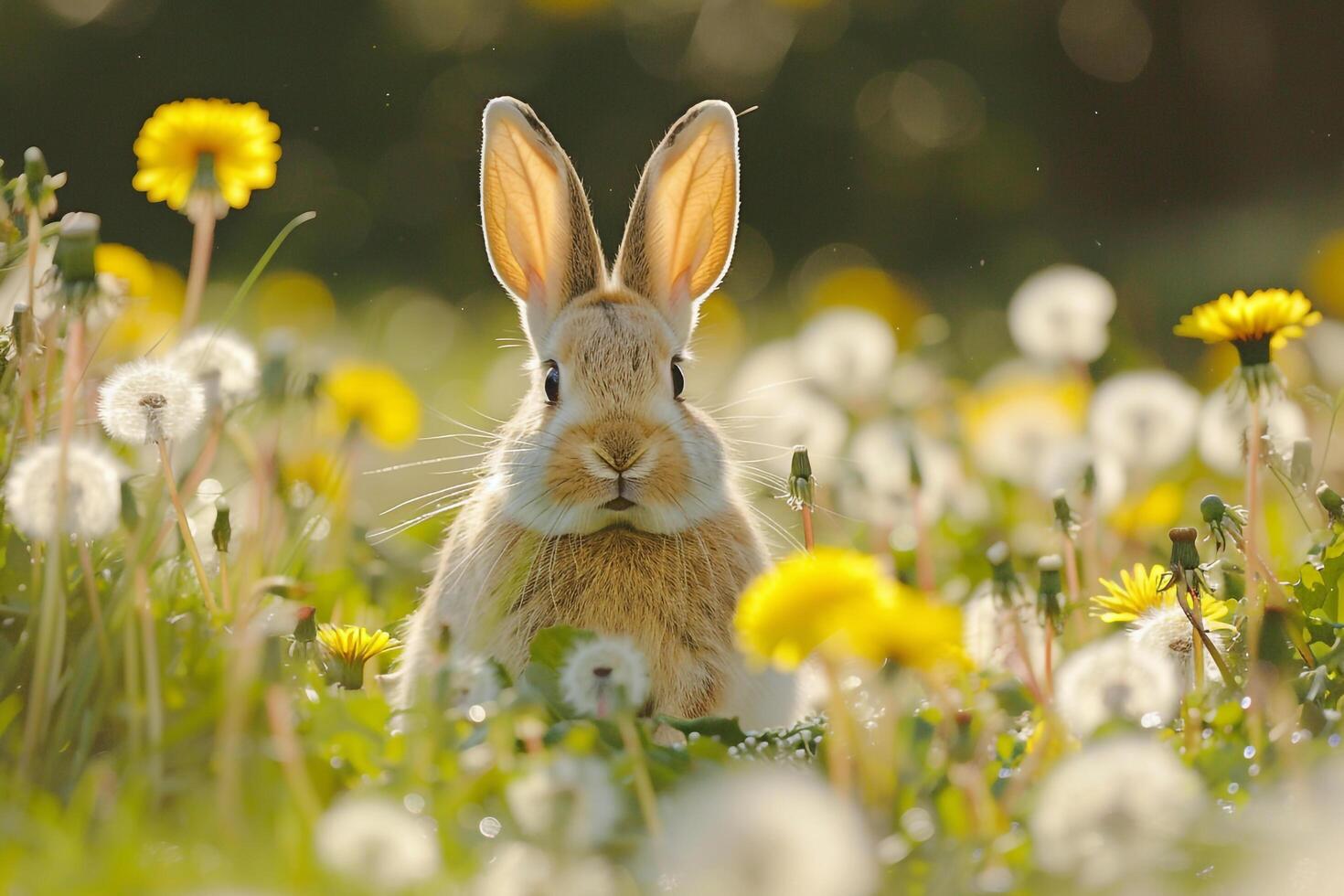 Curious Background Bunny hopping through field of dandelions in sunny garden ears perked with curiosity photo