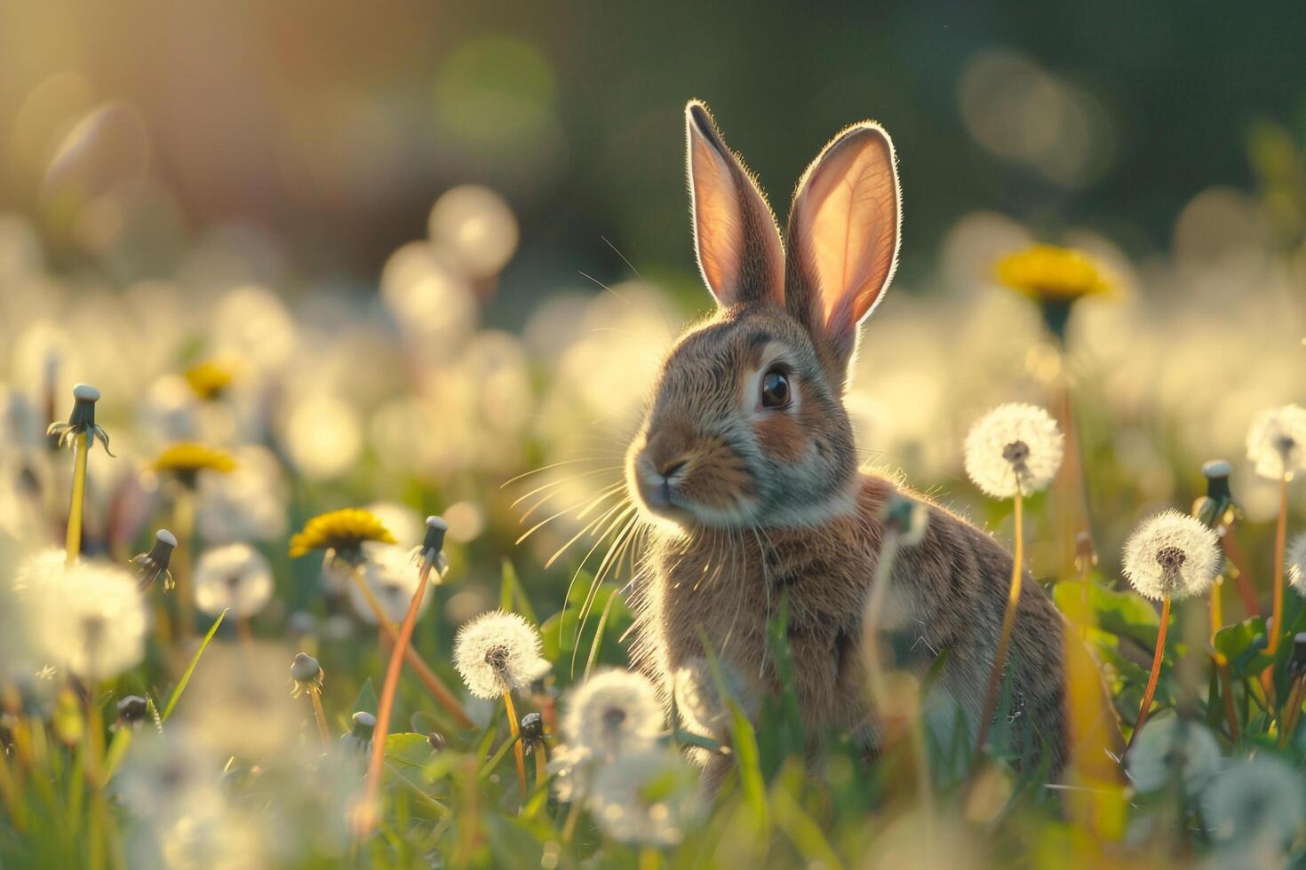 Curious Background Bunny hopping through field of dandelions in sunny garden ears perked with curiosity photo