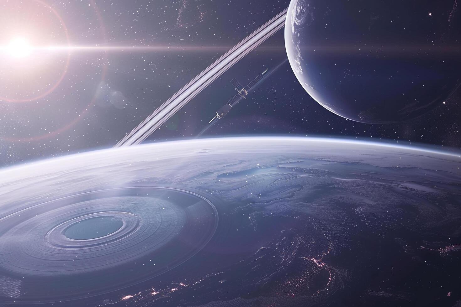 Cosmic Background Spacecraft orbiting distant planet with rings capturing the majestic of the cosmic rings against the  of stars photo