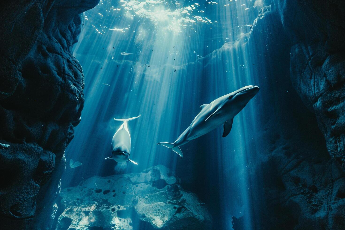 Abstract Background Arctic WildlifeBelugwhales swimming in surreal icy blue underwater cave with shafts of sunlight filtering through cracks photo