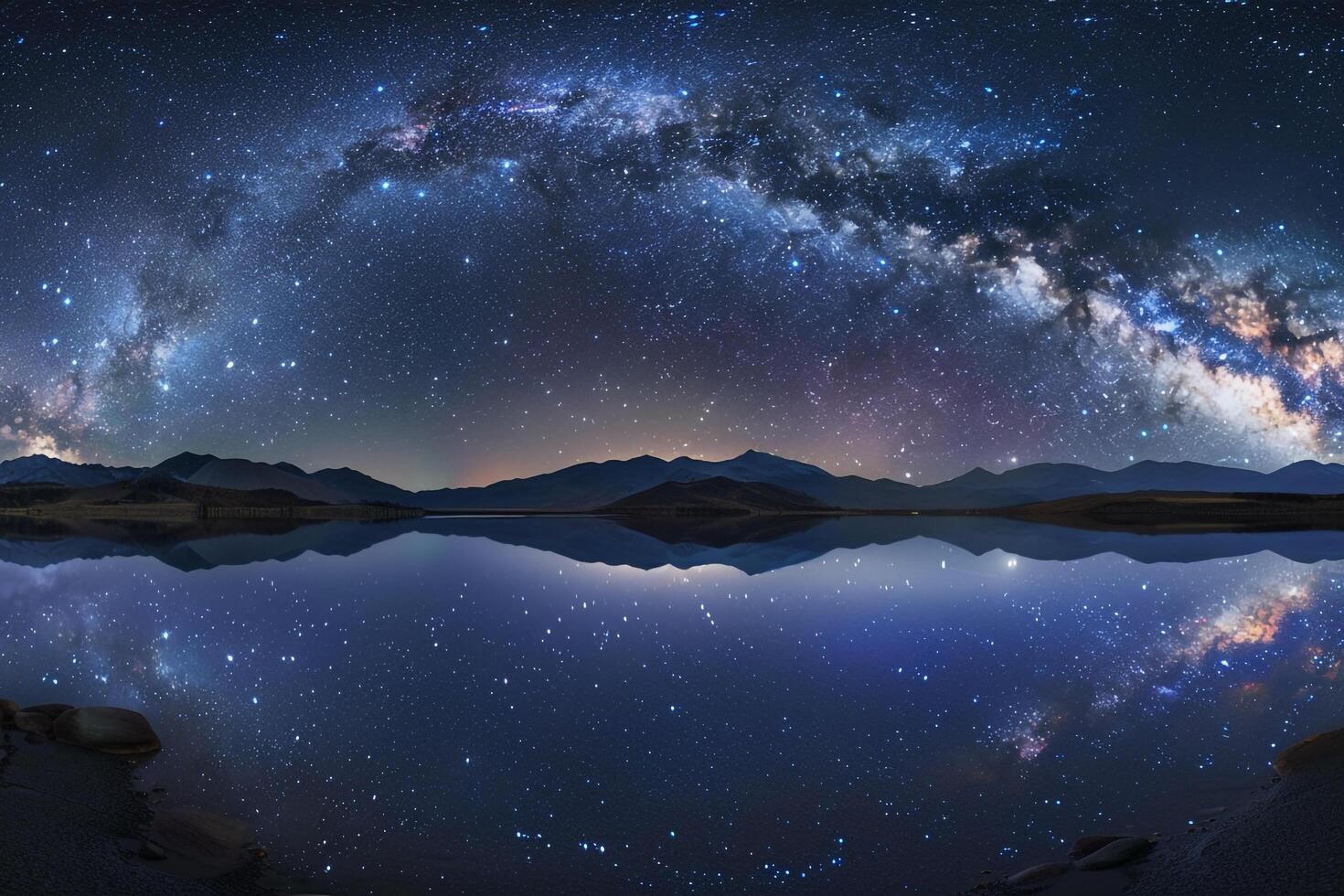 Milky Way Background The Milky Way galaxy stretching across clear night sky over serene lake reflecting its cosmic beauty on the waters surface photo