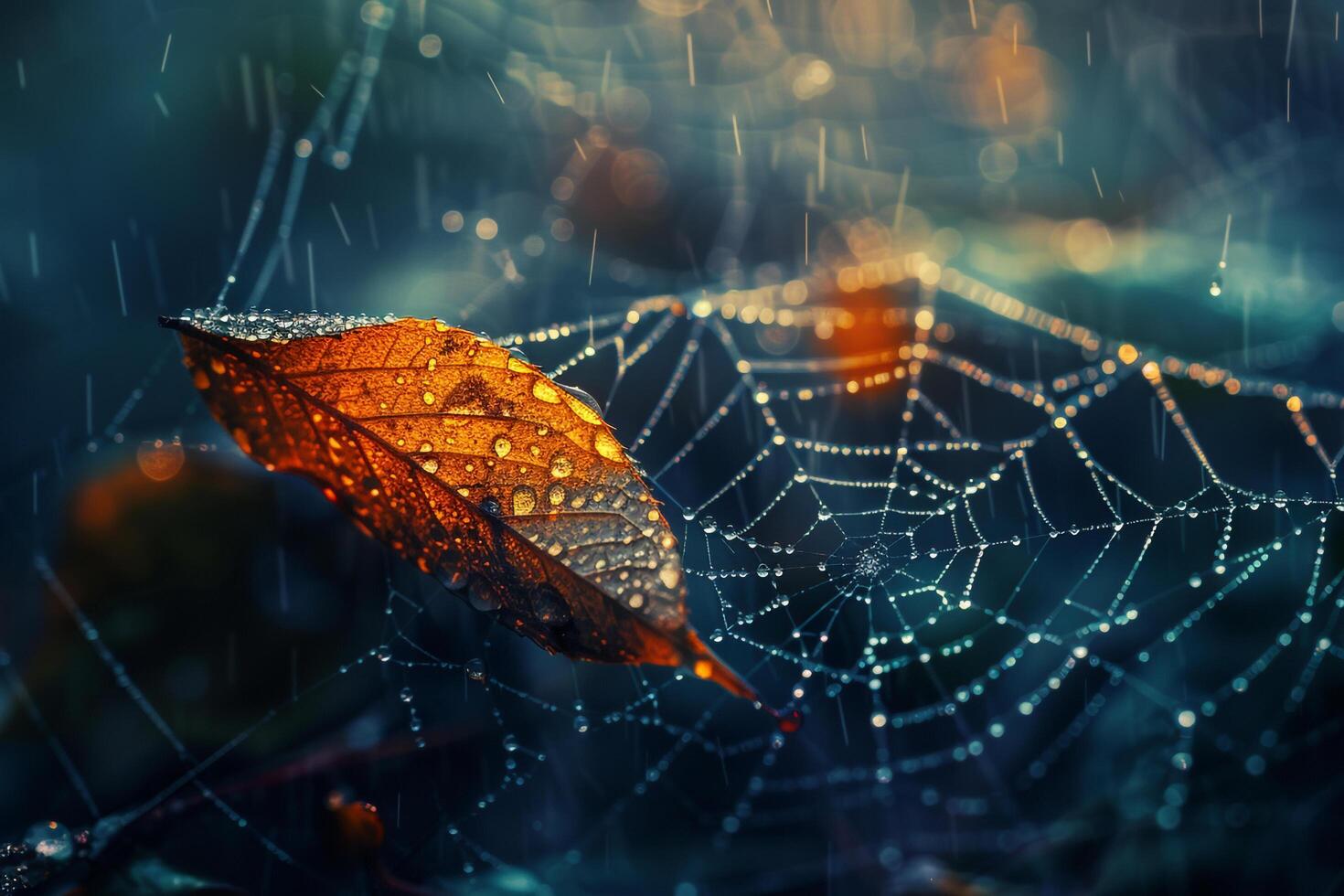 leaf trapped in spiders web with dewdrops sparkling in the early morning light. Spider web with dewdrops and leaf background. photo