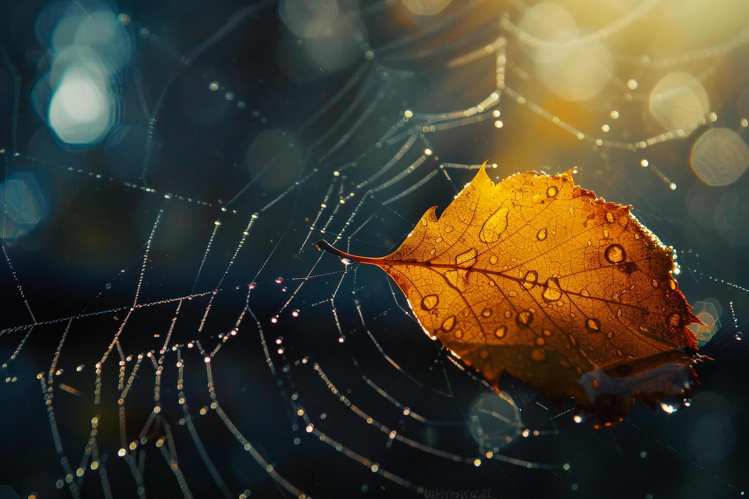 leaf trapped in spiders web with dewdrops sparkling in the early morning light. Spider web with dewdrops and leaf background. photo
