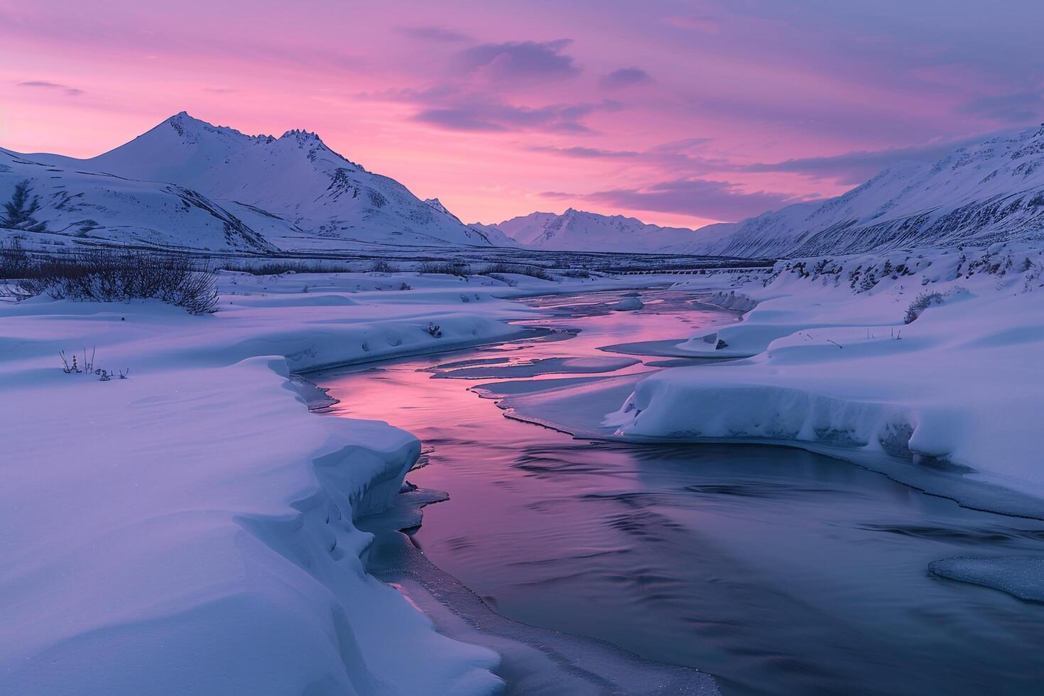 Snow covered valleys and frozen rivers under pink and purple sunset sky. Majestic sunset sky with snow covered valleys background. photo