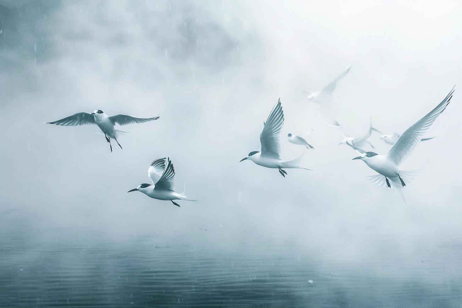 Abstract Background Arctic terns soaring through an ethereal mist over fjord. photo