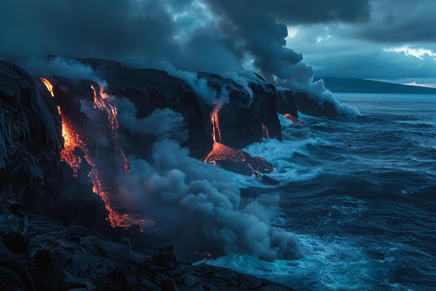 LavFlow Background Lavflowing into the ocean from an active volcano creating steam and fiery explosions. photo