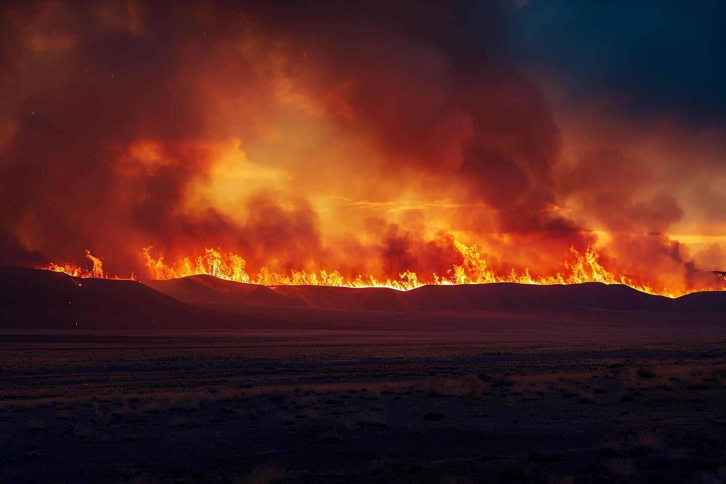 Wildfire Desert Background Wildfire raging across dry desert landscape casting fiery glow against the dusk sky. photo