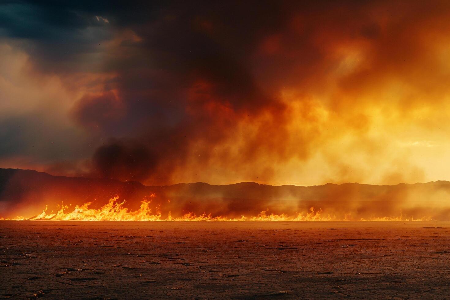Wildfire Desert Background Wildfire raging across dry desert landscape casting fiery glow against the dusk sky. photo