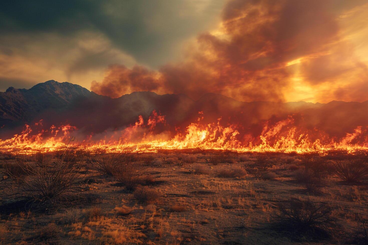 Wildfire Desert Background Wildfire raging across dry desert landscape casting fiery glow against the dusk sky. photo