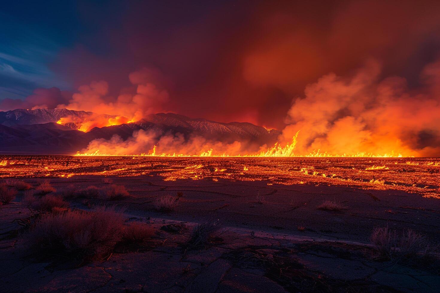 Wildfire Desert Background Wildfire raging across dry desert landscape casting fiery glow against the dusk sky. photo