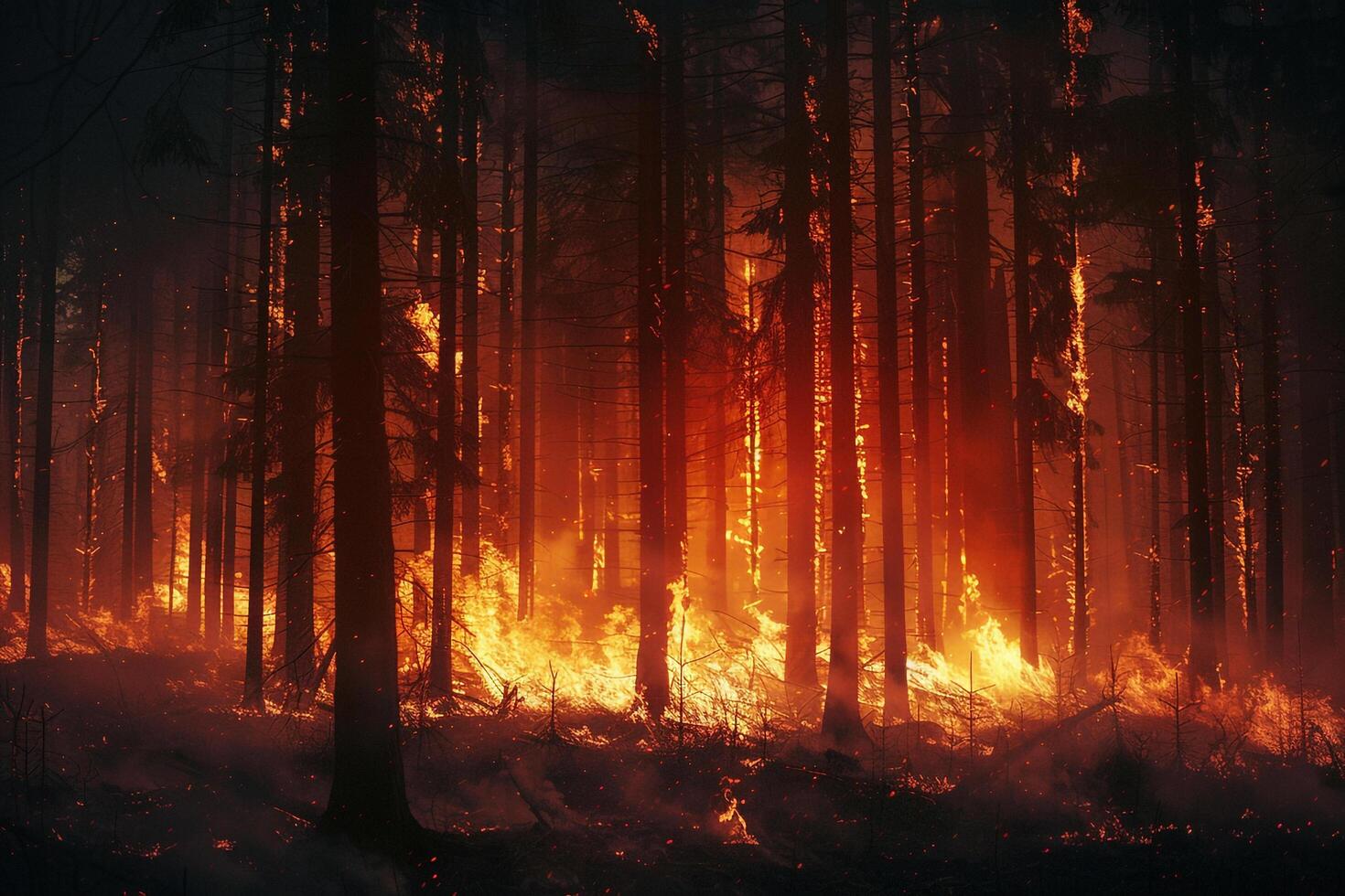 Wildfire Forest Background Wildfire raging through dense forest casting an intense glow against the night sky. photo