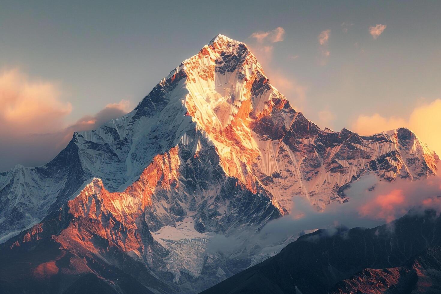 Snowy peaks of mountain range glowing in the golden light of sunrise background photo
