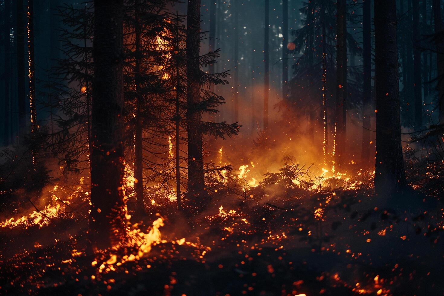 Wildfire spreading rapidly through dense forest casting an ominous glow in the night sky background photo