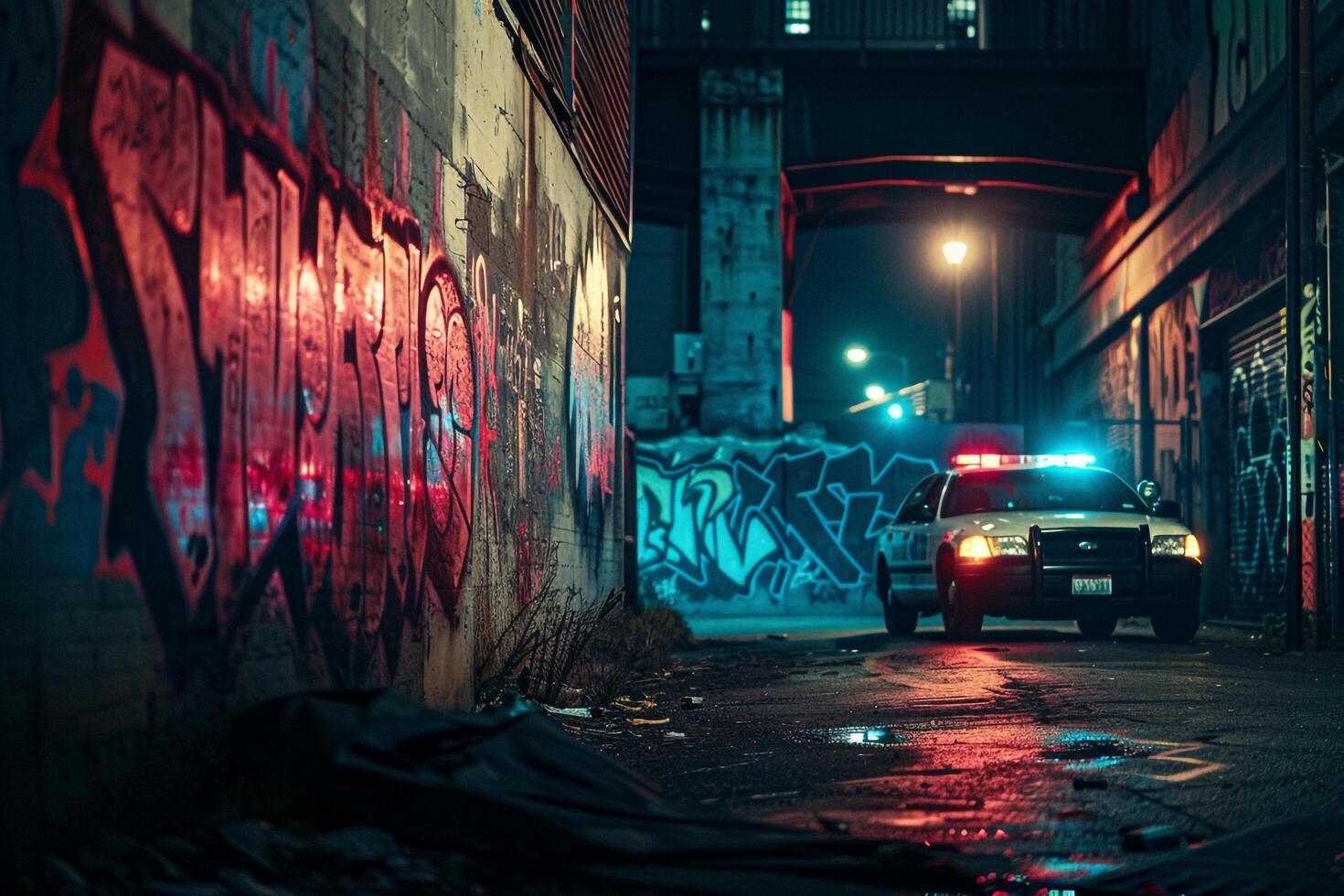Fiery graffiti mural blazing on concrete wall in an urban alley lit by flashing police sirens background photo
