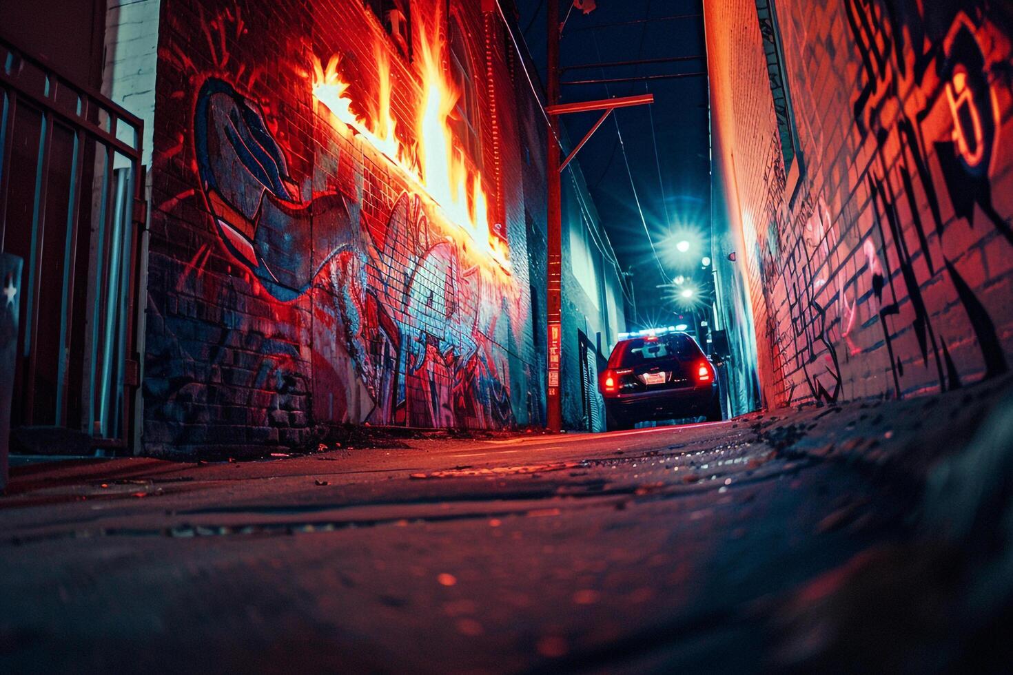 Fiery graffiti mural blazing on concrete wall in an urban alley lit by flashing police sirens background photo