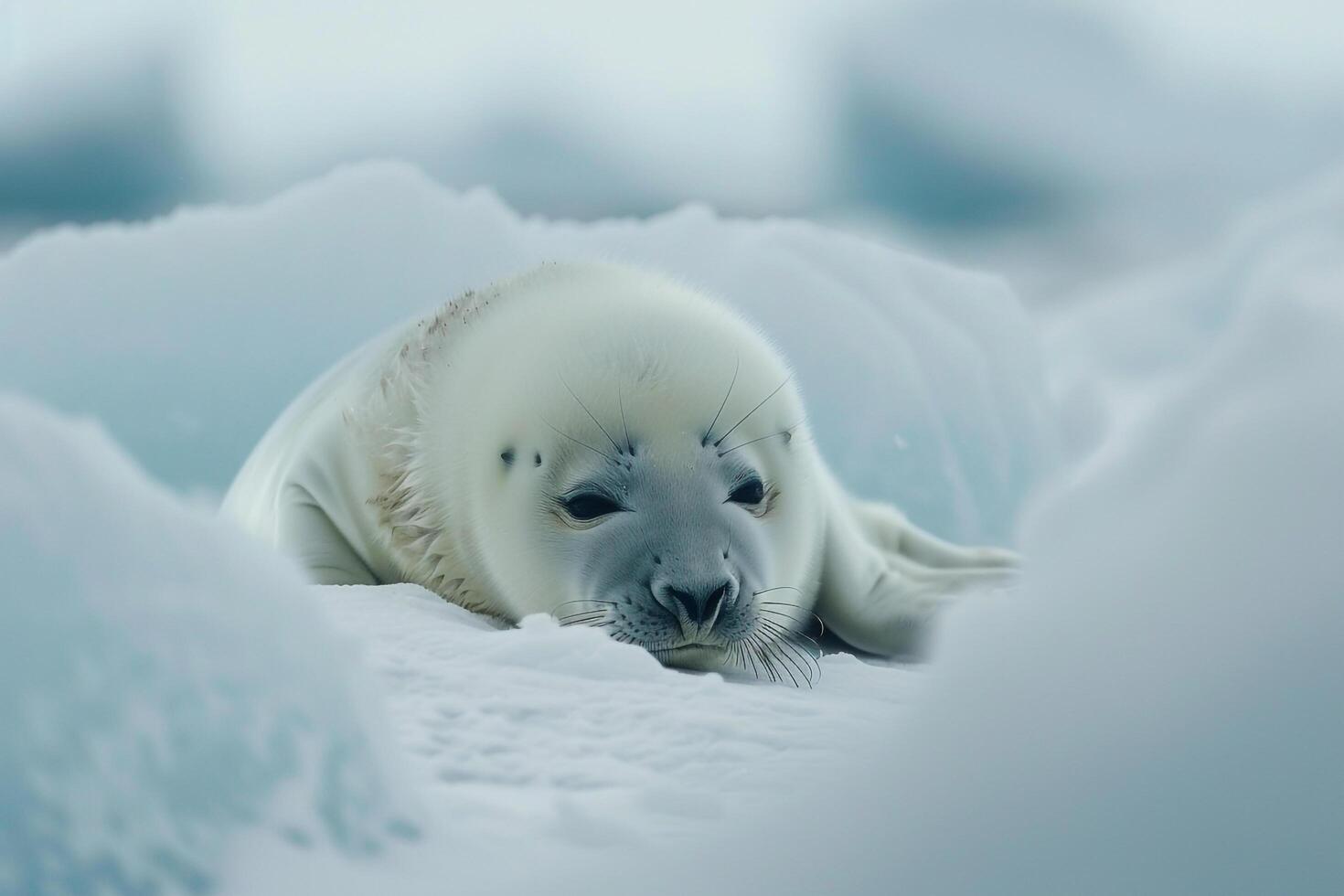 Vulnerable nature of harp seal pup resting on an ice floe with its white fur blending into the snowy  background photo