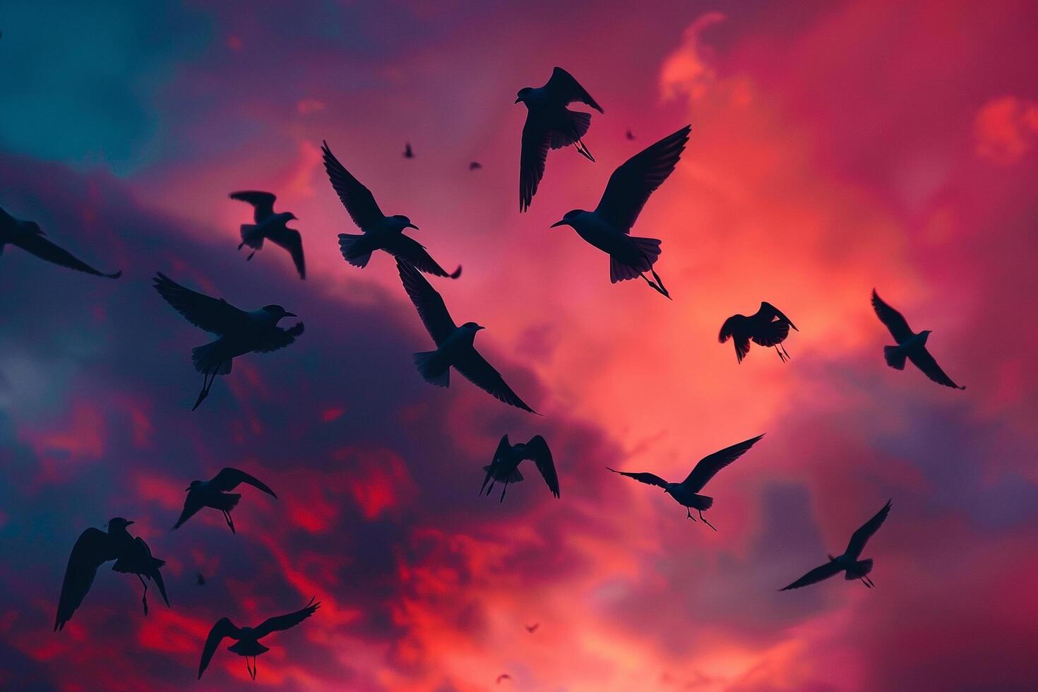 Arctic terns silhouetted against the vivid hues of polar twilight sky during their migration background photo