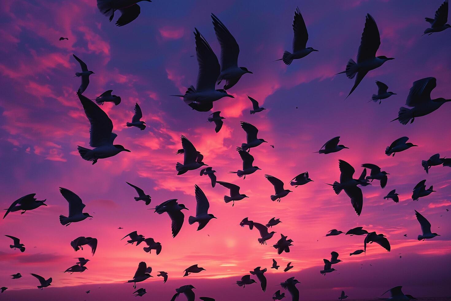 Arctic Terns Silhouetted Against the Vivid Hues of Polar Twilight Sky During Their Migration Background photo