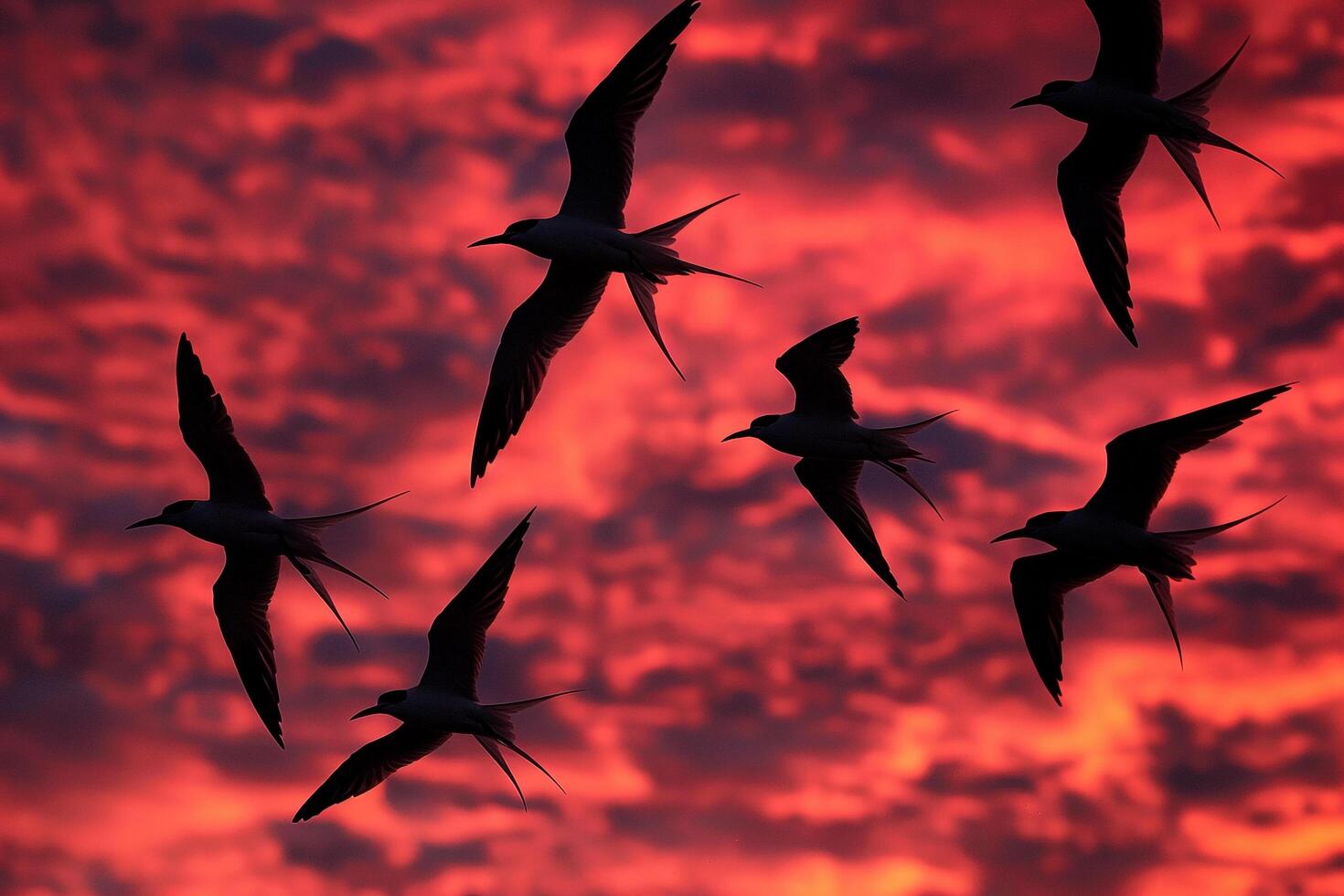 Arctic Terns Silhouetted Against the Vivid Hues of Polar Twilight Sky During Their Migration Background photo