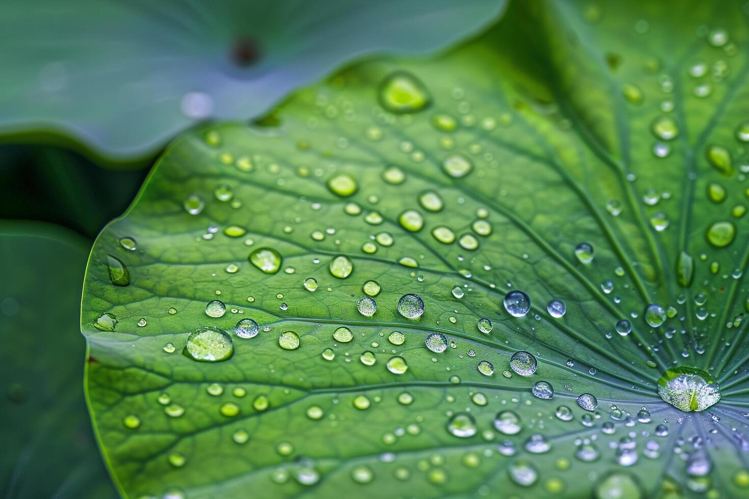 Nature of Intricate Water Droplets on Lily Leaf Background photo