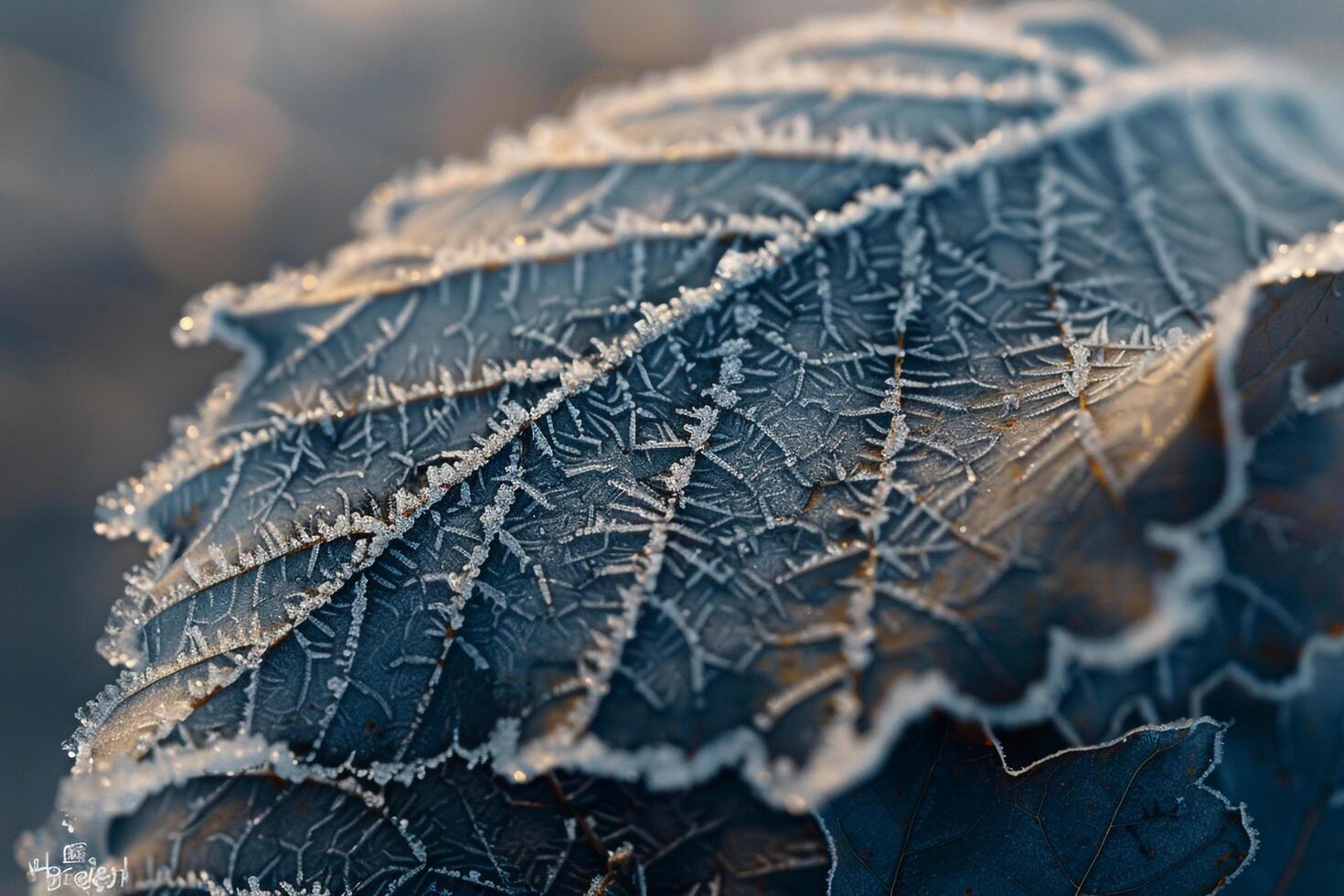 Nature of Intricate Patterns of Frost on Birch Tree Leaf Background photo