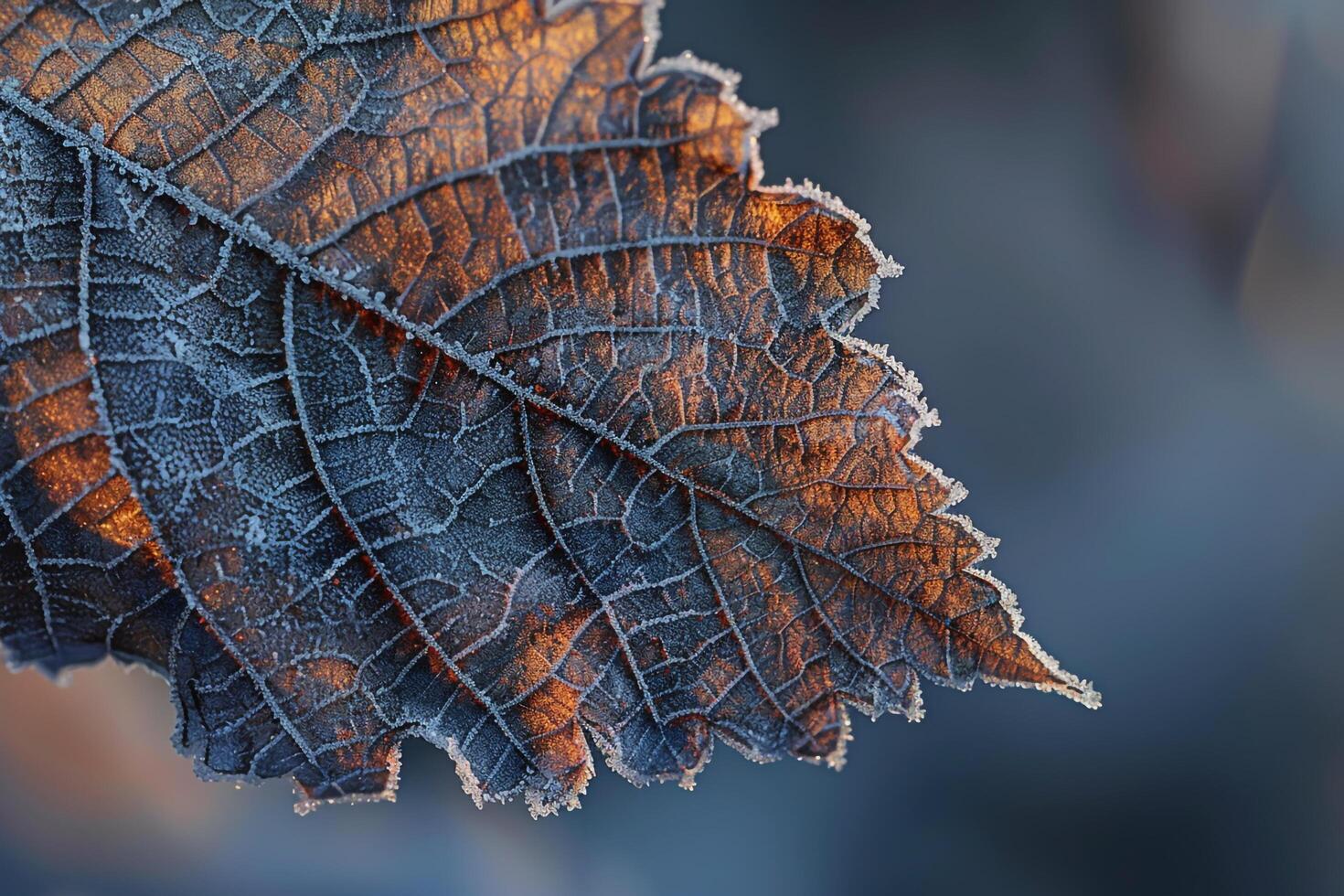 Nature of Intricate Patterns of Frost on Birch Tree Leaf Background photo