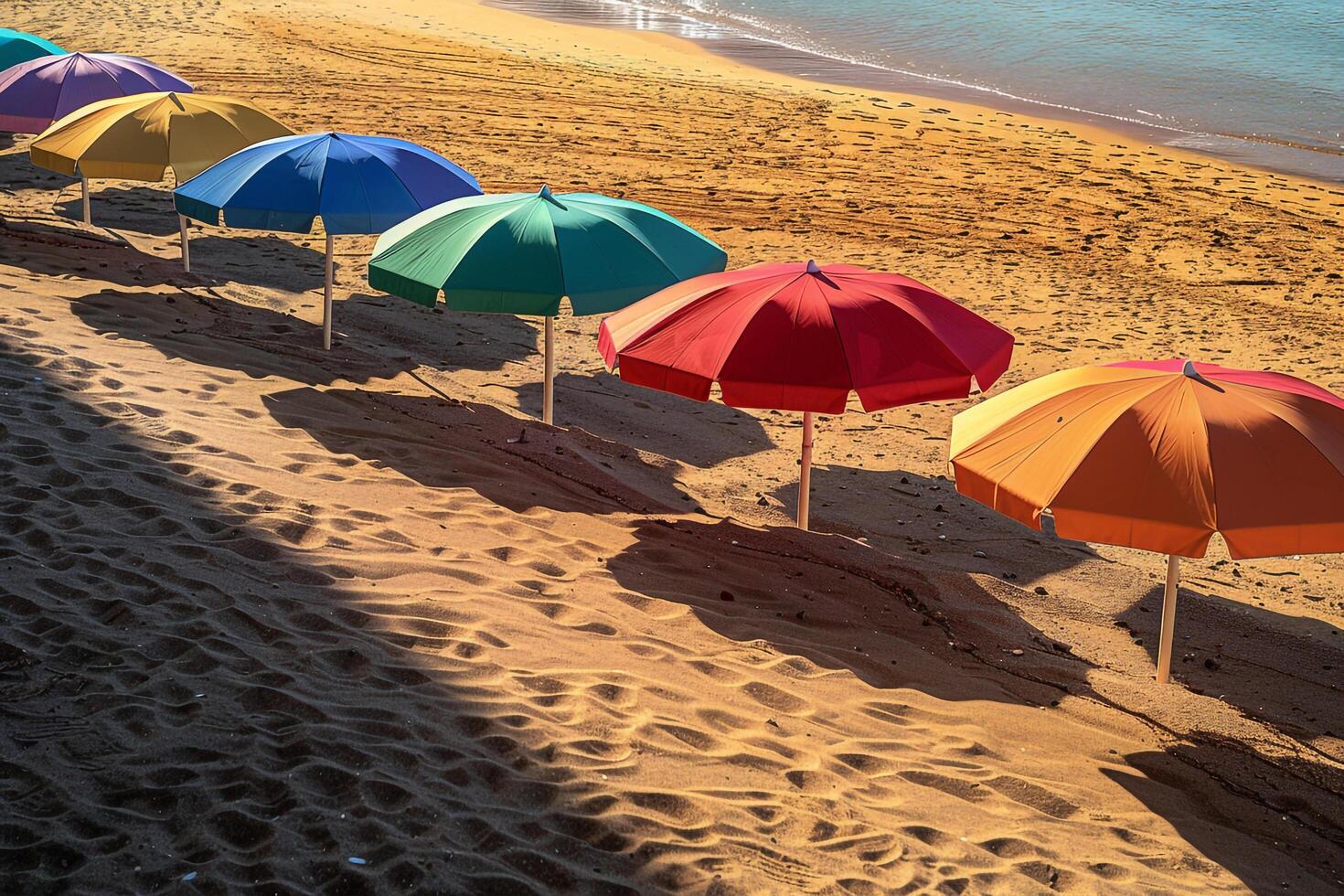 Calmness at the beach with row of beach umbrellas casting colorful shadows on the sand photo