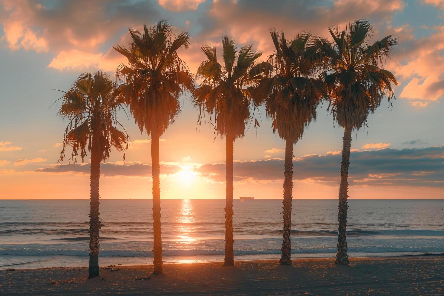 palm fringed beach at sunrise with the first light casting golden glow over the sand and waves background photo