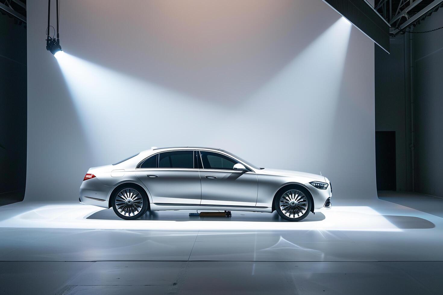 Luxury sedan presented on white stage with  even lighting to emphasize its refined interior and sophisticated design background photo