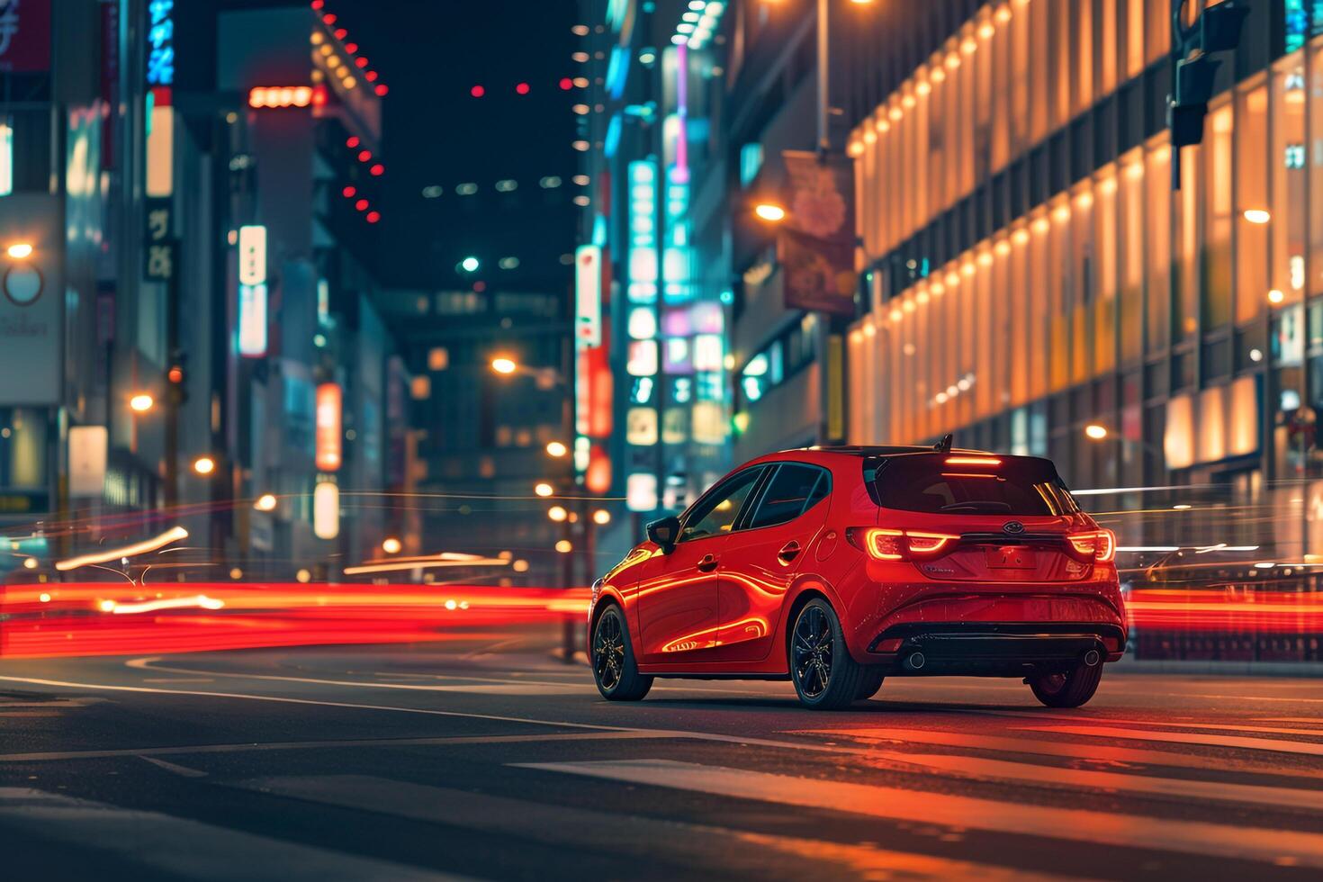 Excitement New hatchback featured in dynamic urban setting with red motion of city lights in the background background photo