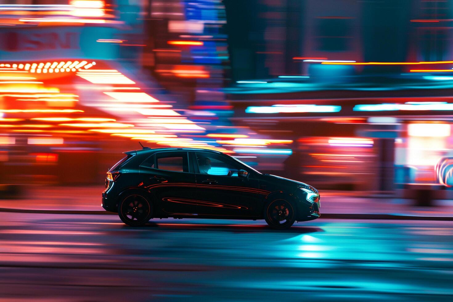 Excitement New hatchback featured in dynamic urban setting with red motion of city lights in the background background photo