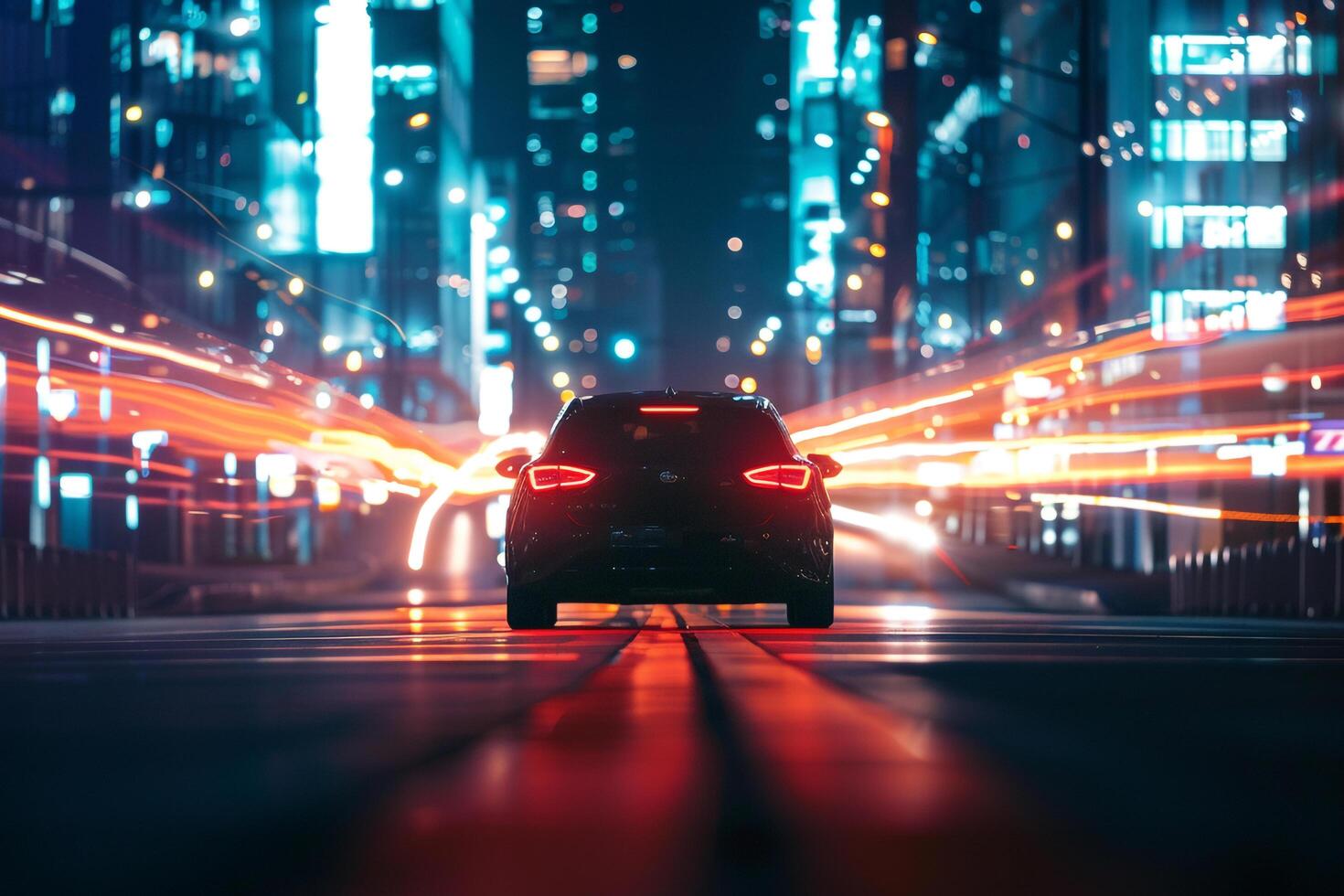 Excitement New hatchback featured in dynamic urban setting with red motion of city lights in the background background photo