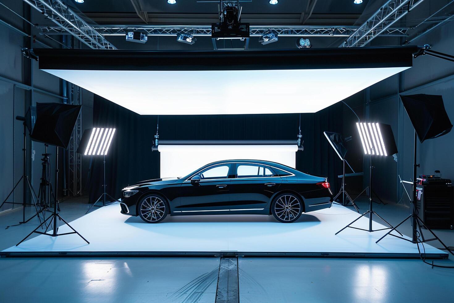 Luxury sedan showcased on white stage with dramatic lighting to emphasize its premium features photo