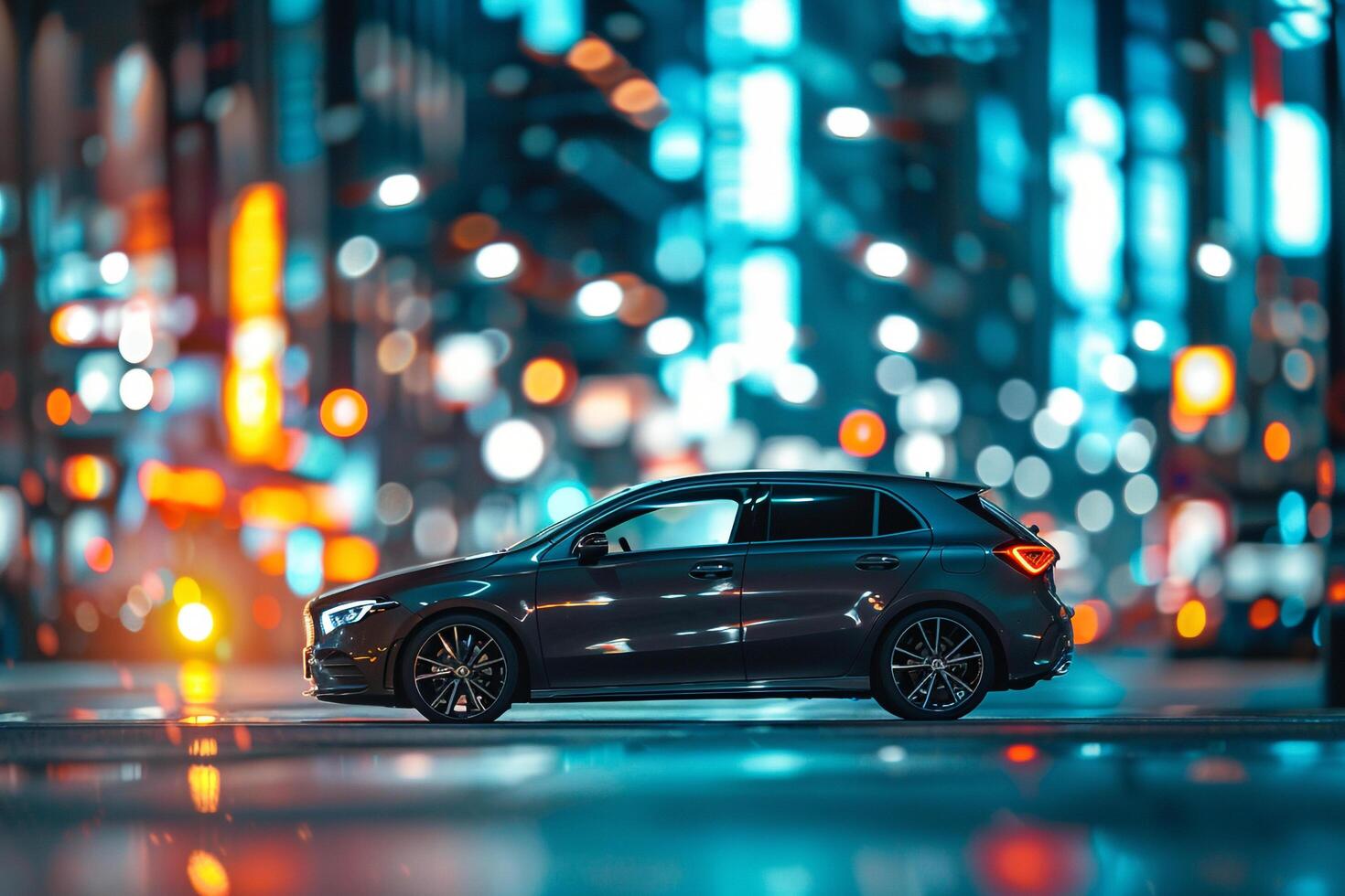 New hatchback featured in dynamic urban setting with red motion of city lights in the background photo