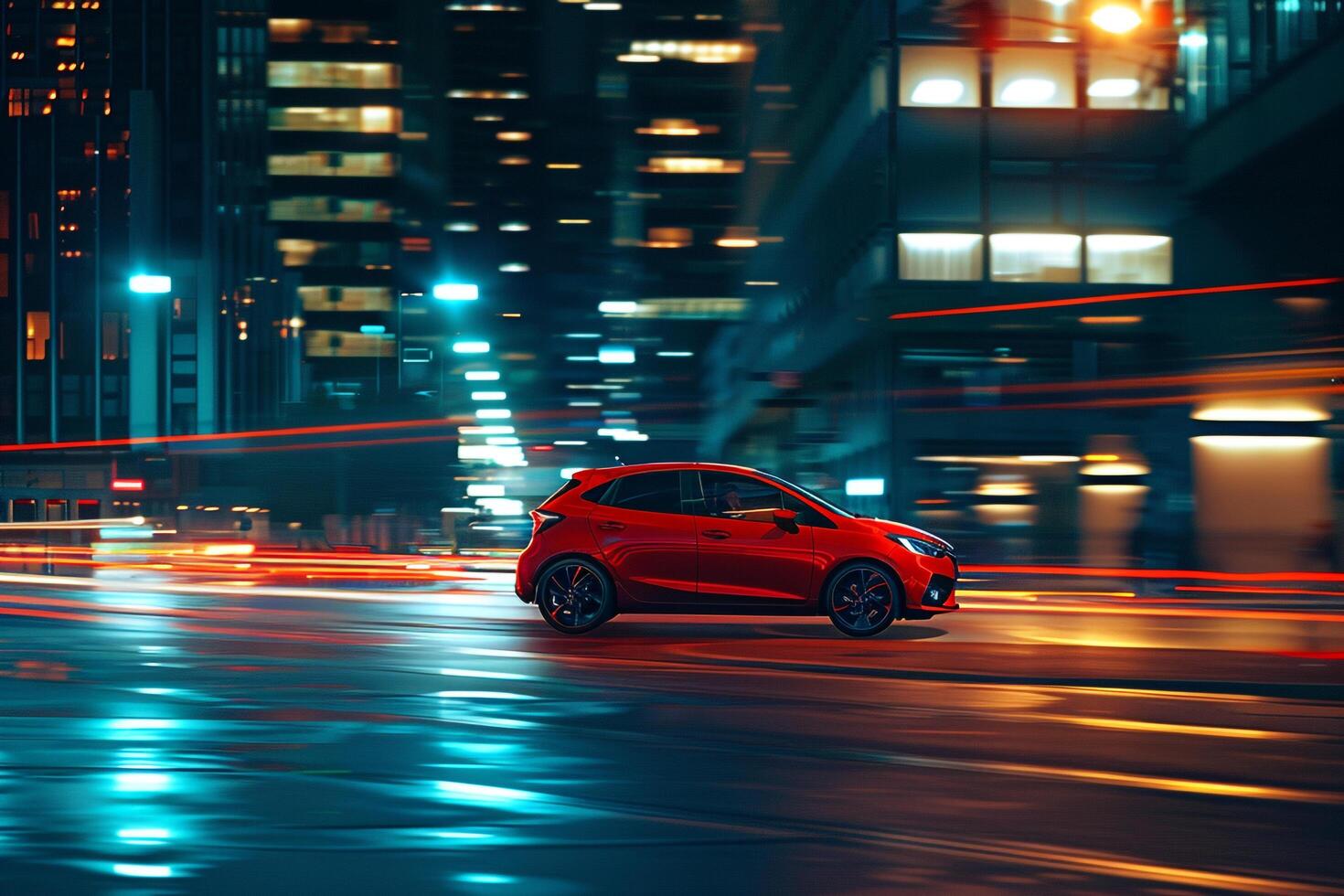 New hatchback featured in dynamic urban setting with red motion of city lights in the background photo