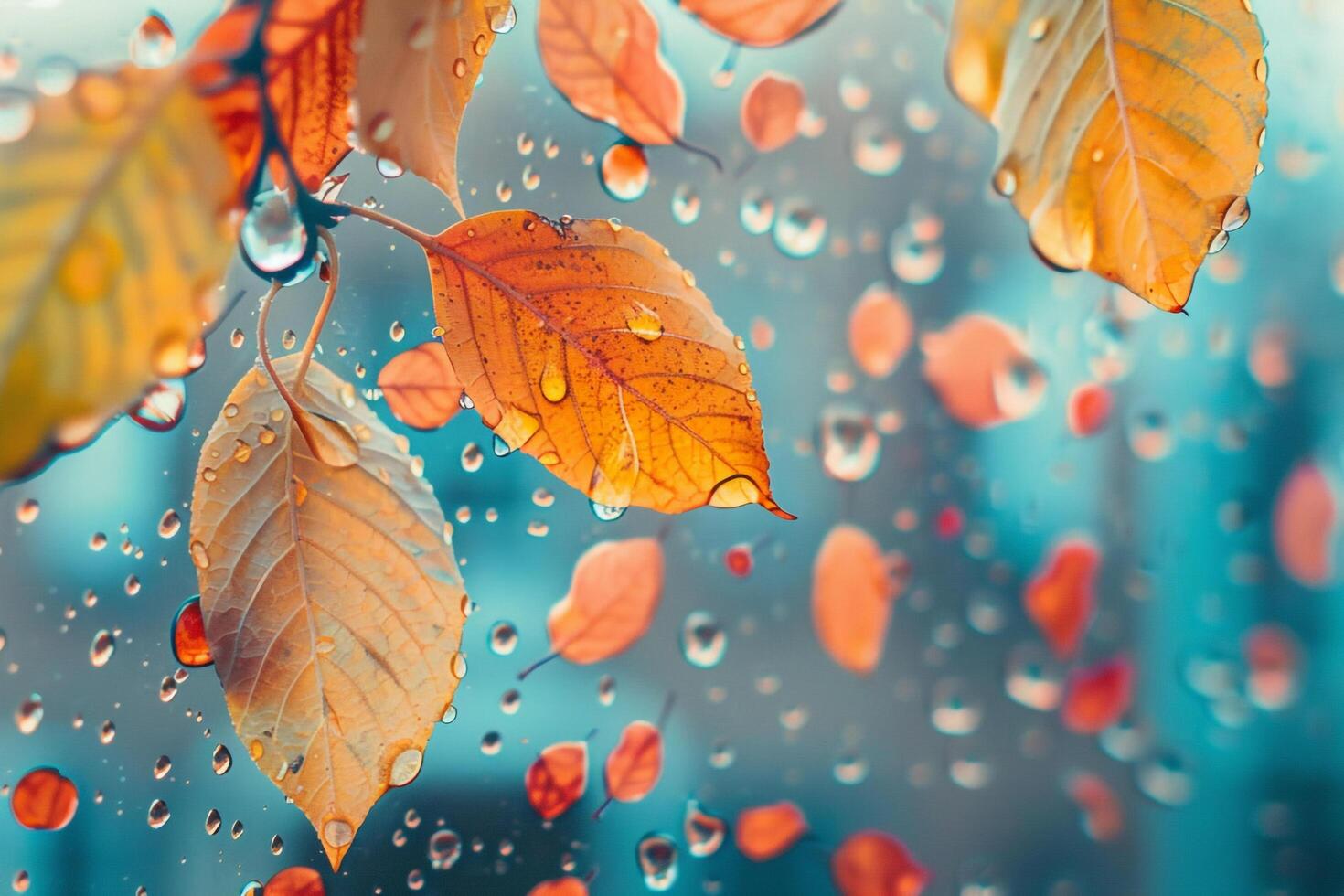 Nature of vibrant autumn leaves reflected in raindrop on window pane photo