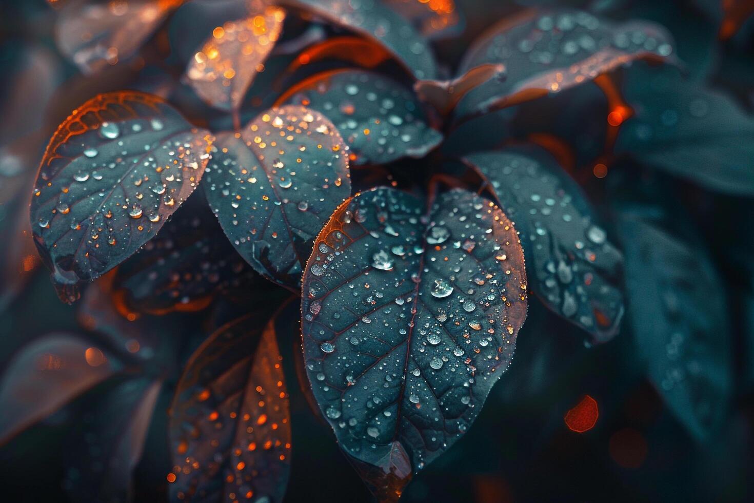 Nature of dewcovered leaves refracting morning sunlight creating prism effect photo