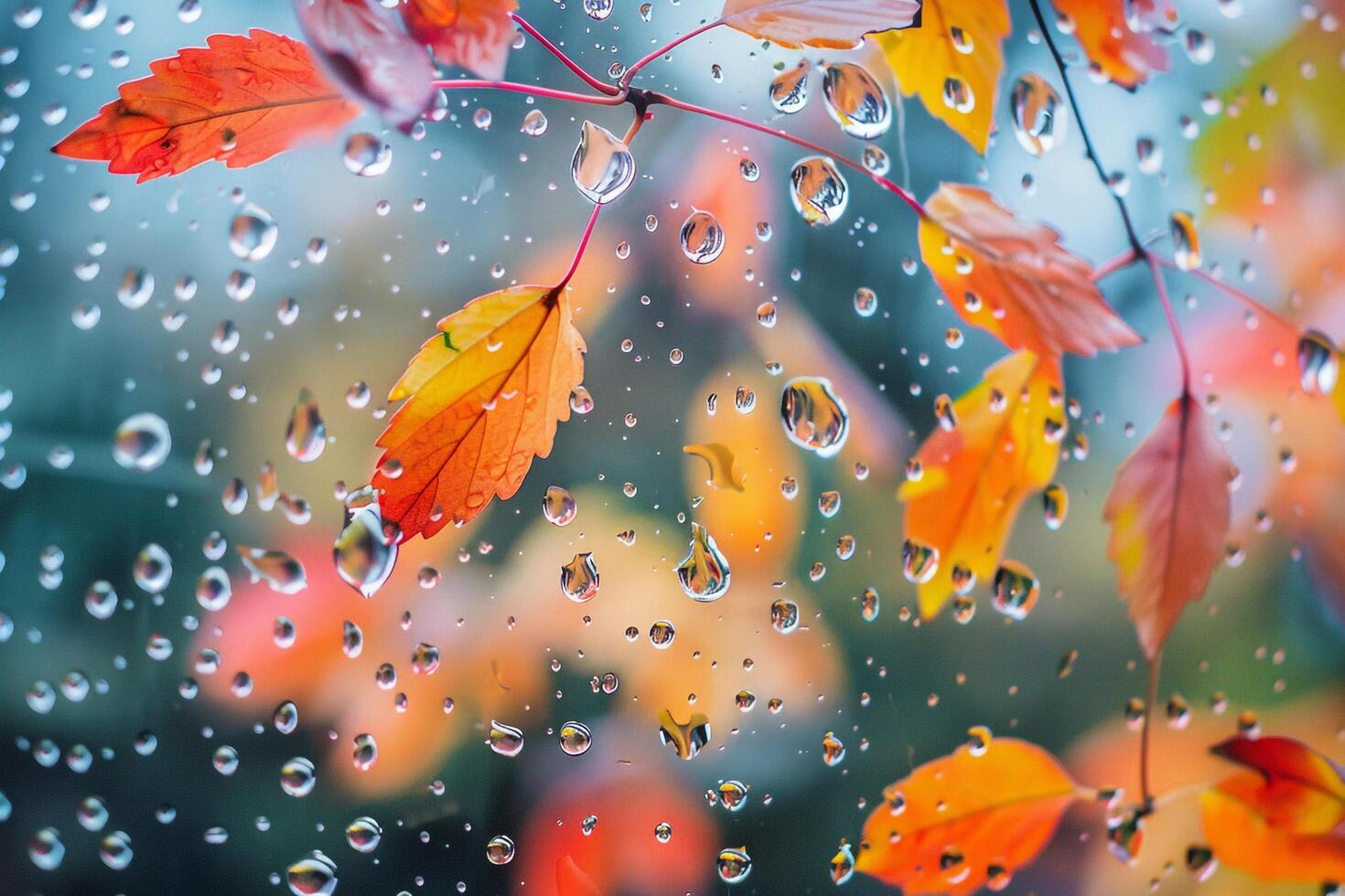 Nature of vibrant autumn leaves reflected in raindrop on window pane photo