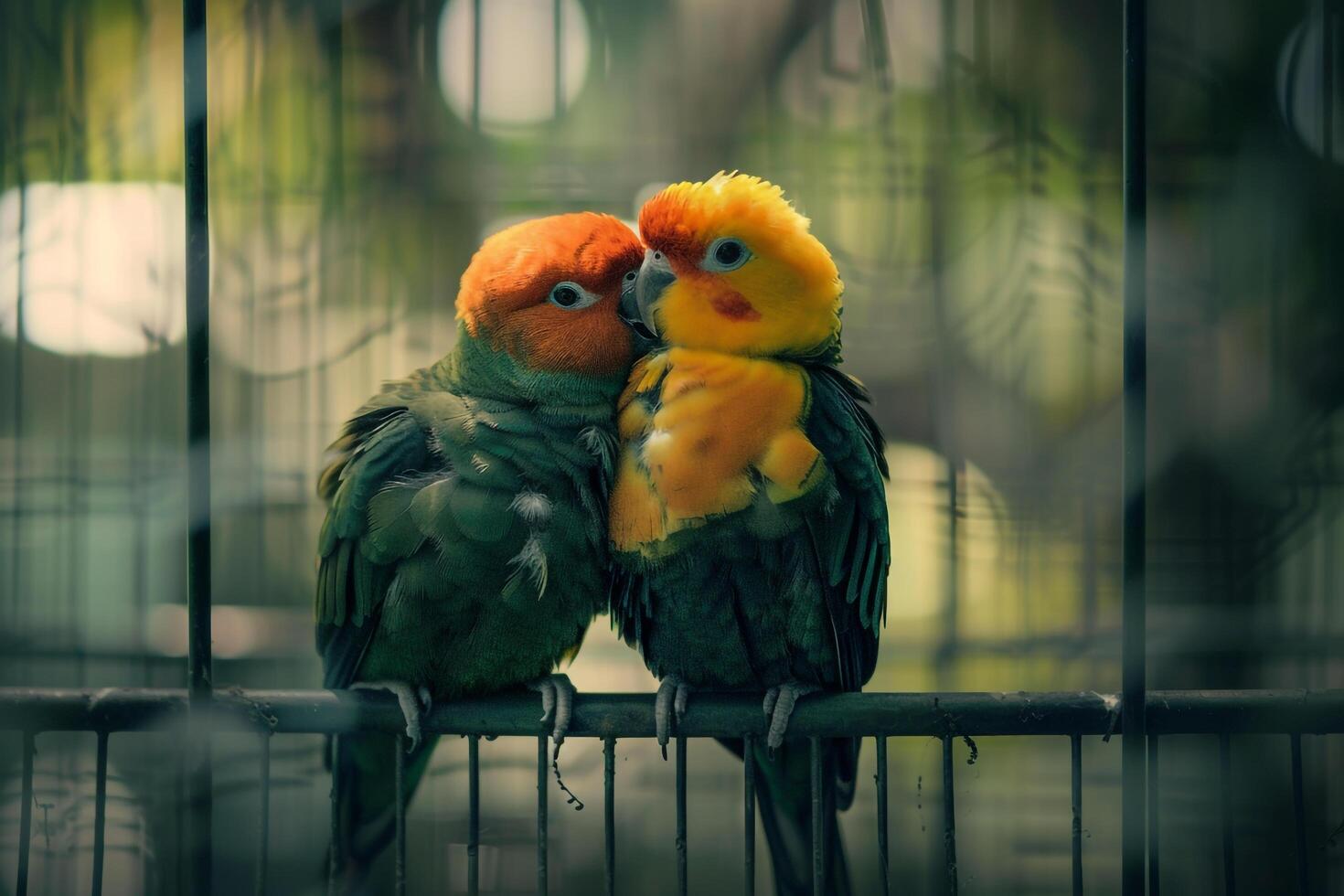 pair of bonded birds preening each others feathers in an aviary with background of  light chirping ly in mutual care photo