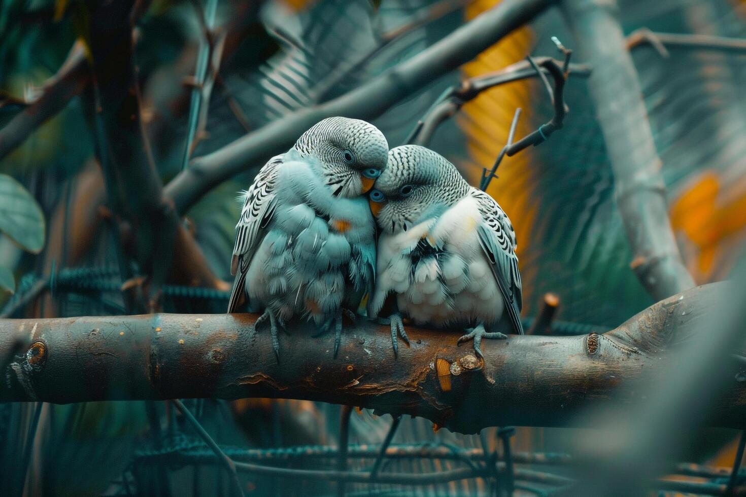 pair of bonded birds preening each others feathers in an aviary with background of  light chirping ly in mutual care photo