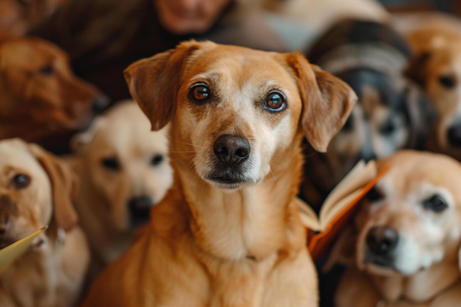 An elderly volunteer reading stories to group of shelter dogs background their attentive eyes and relaxed postures reflecting the atmosphere photo