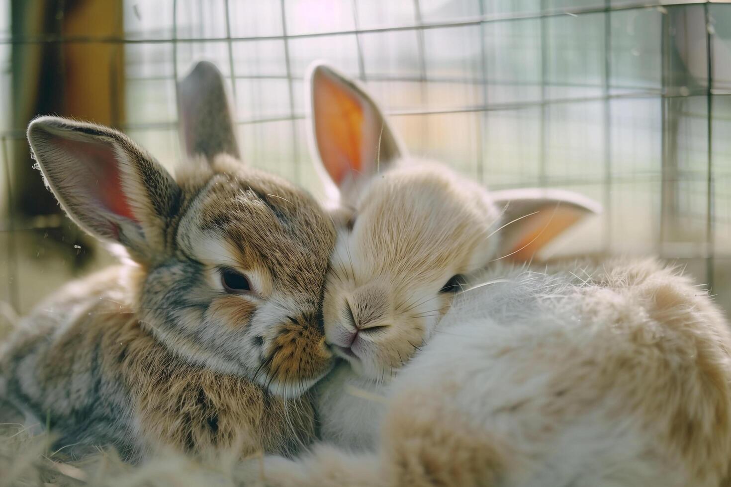pair of bonded rabbits grooming each other in cozy enclosure background their  fur and gentle movements conveying sense of security photo