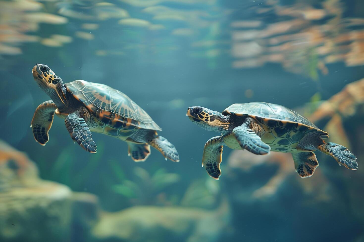 pair of rescued turtles swimming gracefully in large tank their movements serene and synchronized photo