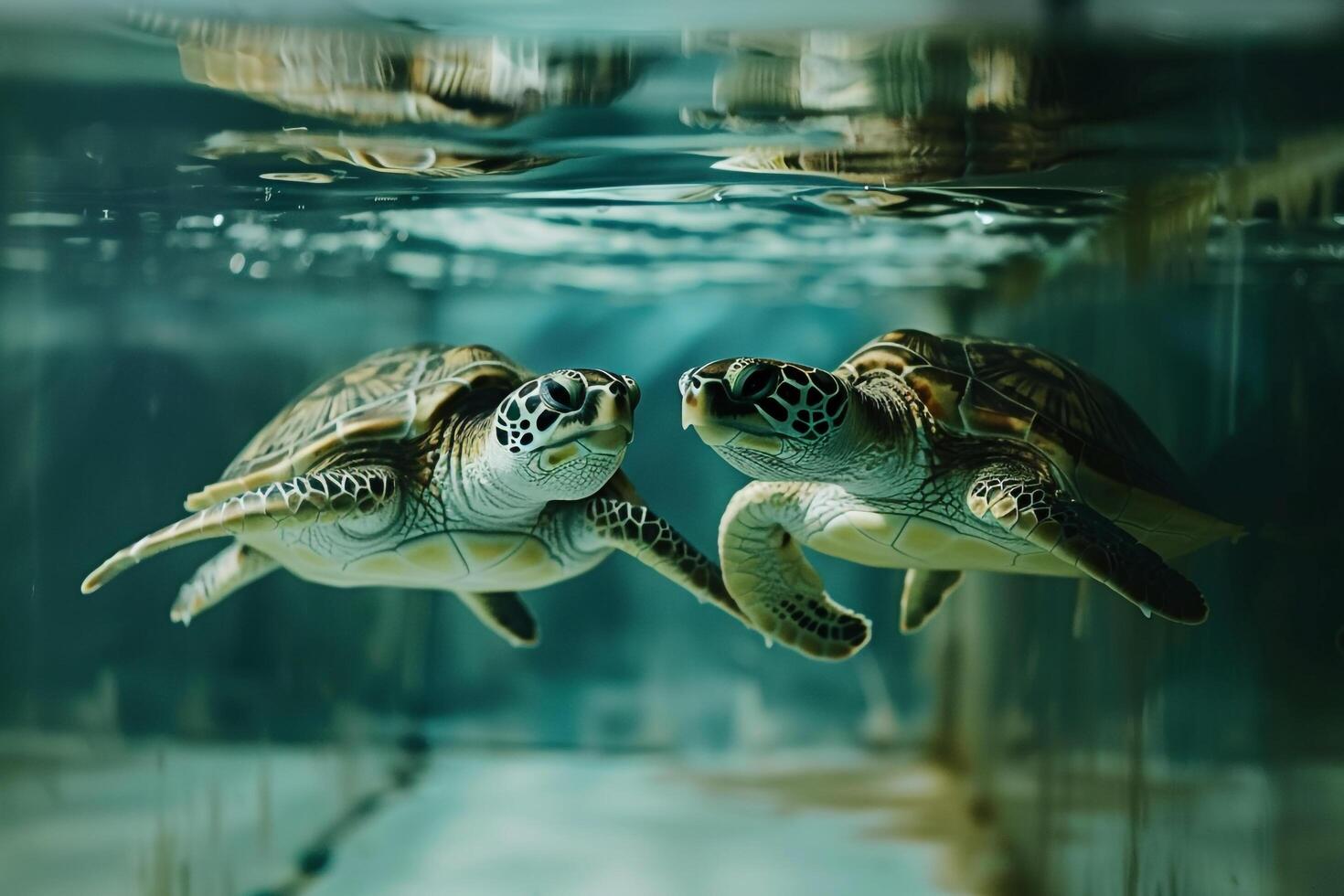 pair of rescued turtles swimming gracefully in large tank their movements serene and synchronized photo