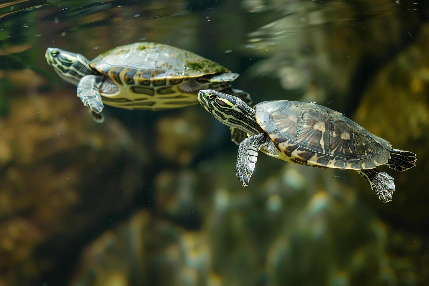 pair of rescued turtles swimming gracefully in large tank their movements serene and synchronized photo