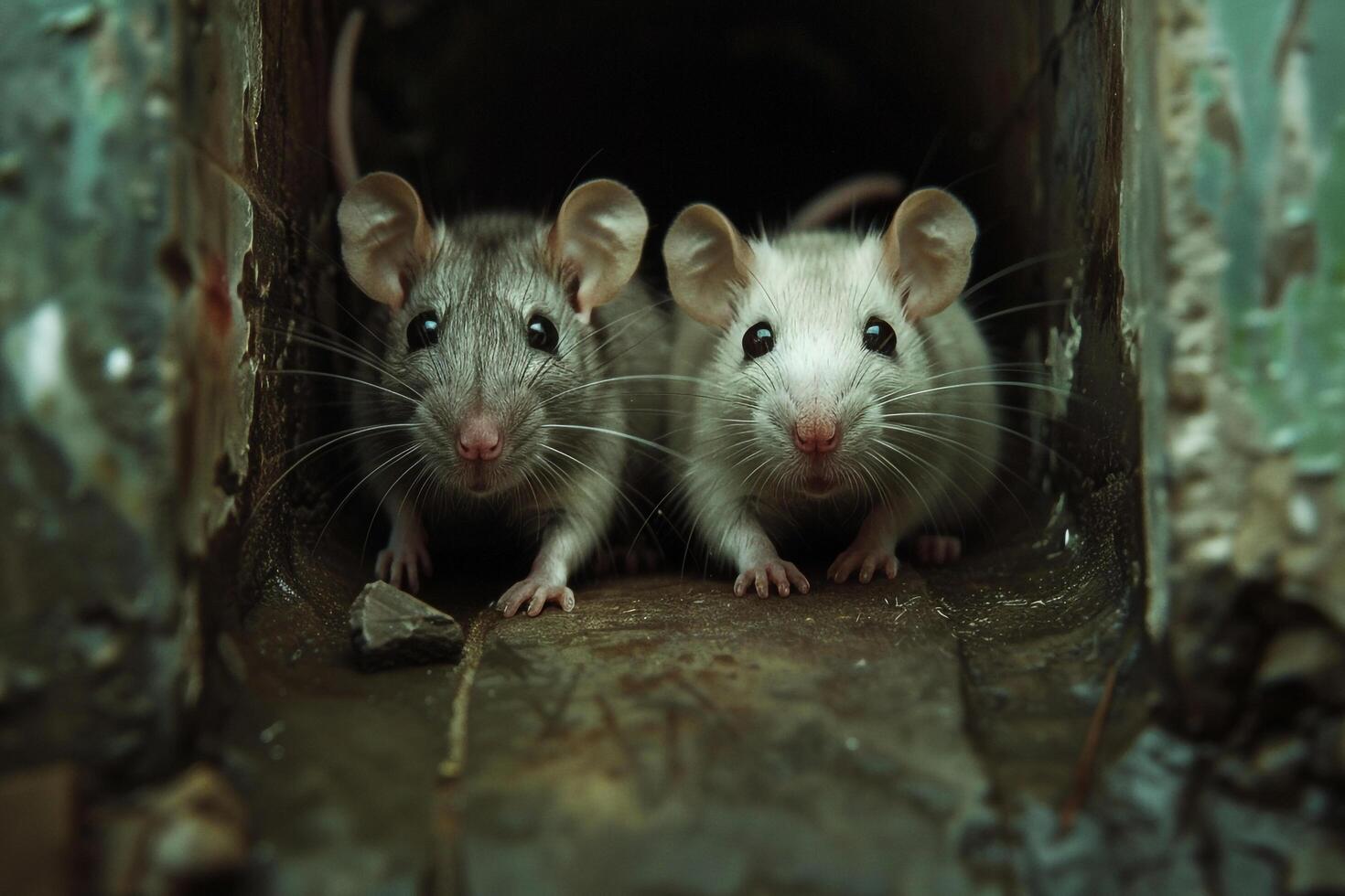 pair of shelter rats playfully chasing each other through maze of tunnels their agile movements and squeaks creating serene atmosphere photo