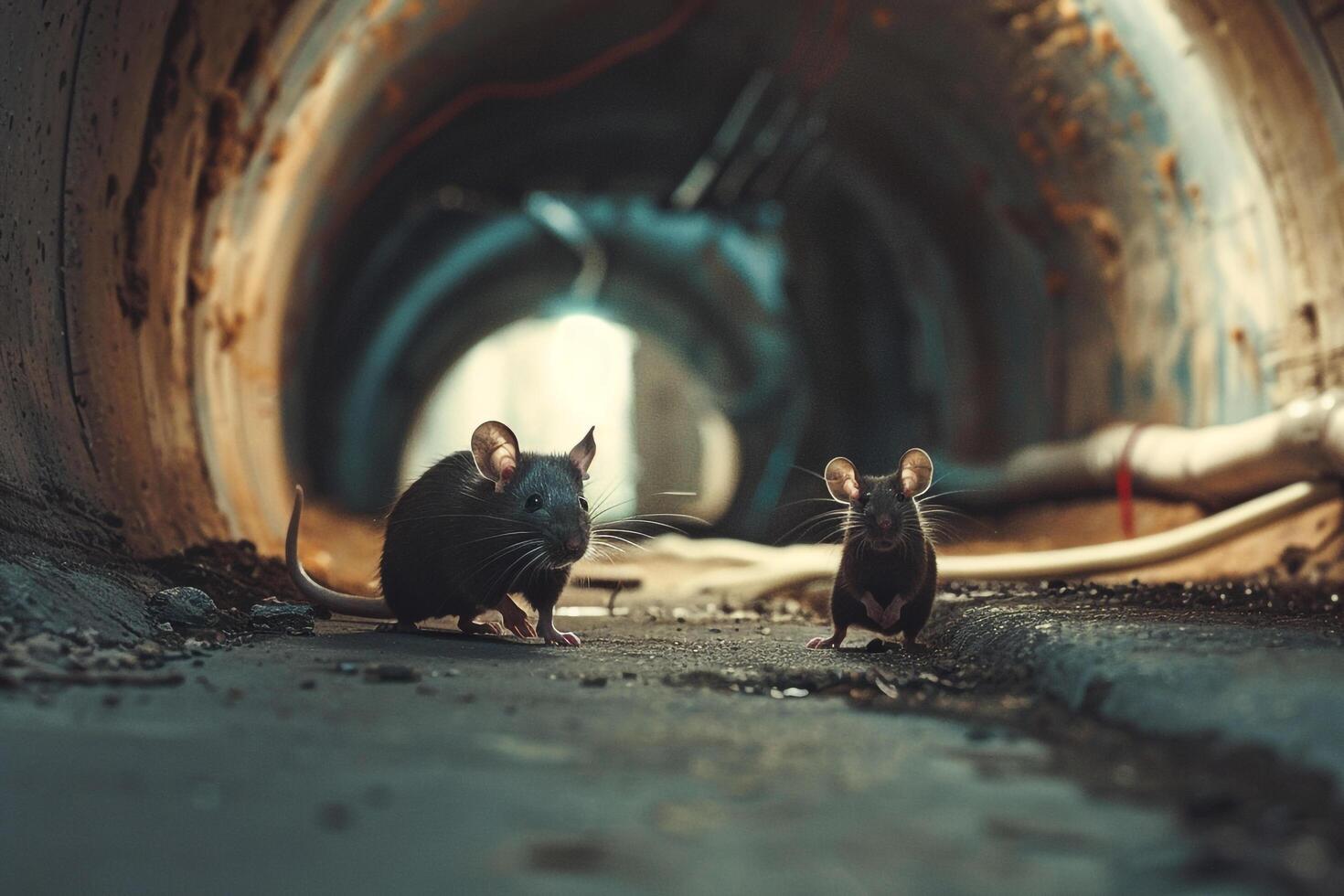 pair of shelter rats playfully chasing each other through maze of tunnels their agile movements and squeaks creating serene atmosphere photo
