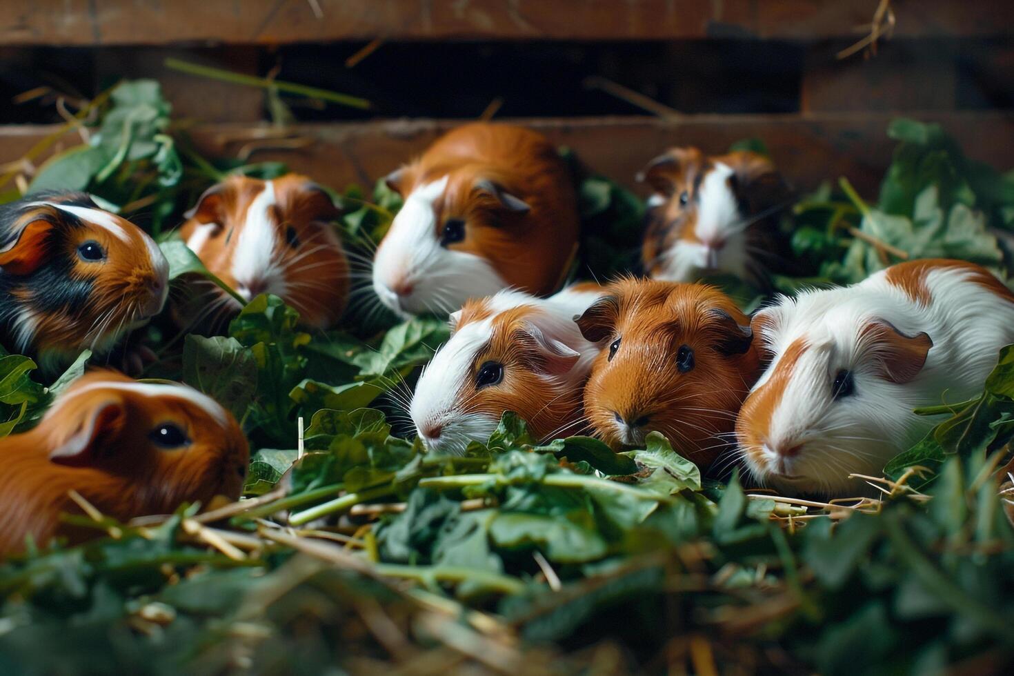 group of rescued guinepigs nibbling on fresh vegetables in quiet corner of their enclosure their  chirps creating peaceful atmosphere photo