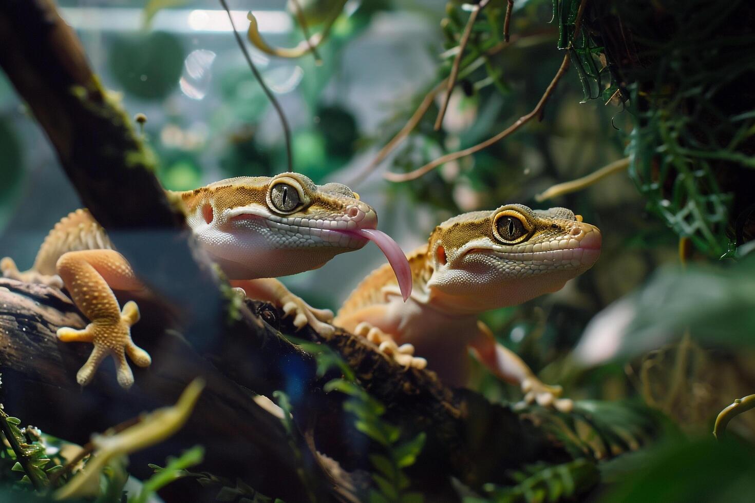 pair of shelter geckos exploring their terrarium tongues flicking as they investigate plants and branches photo